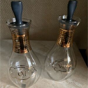 Pyrex Oil and Vinegar Cruet Set with Gold Embellishments Vintage